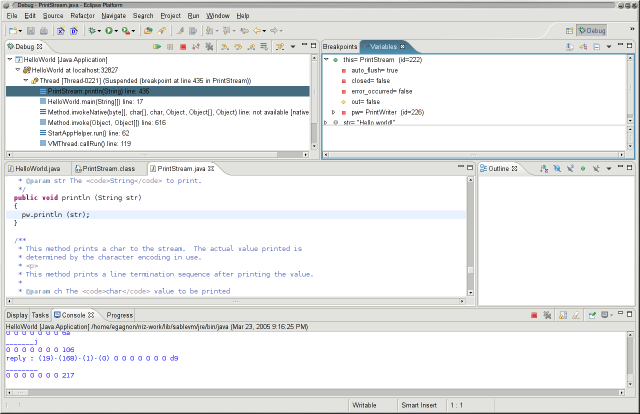 Early preview of SableVM debugging a Java program using JVMDI